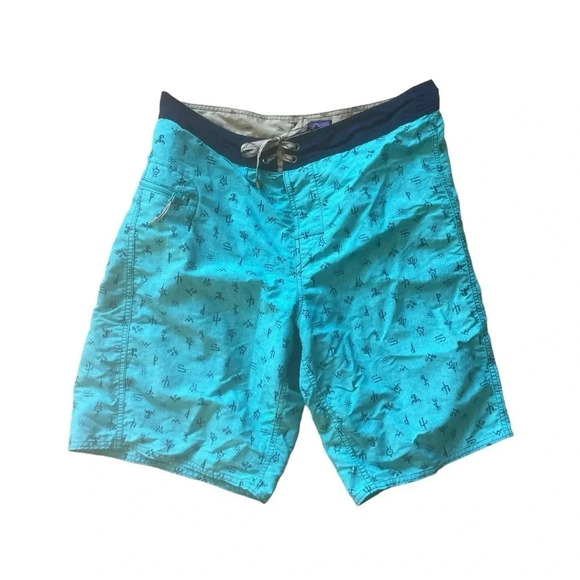 Patagonia Classic Wayfarers Board Shorts Swim Blue Hieroglyphics Mens Size 32 - Picture 3 of 7